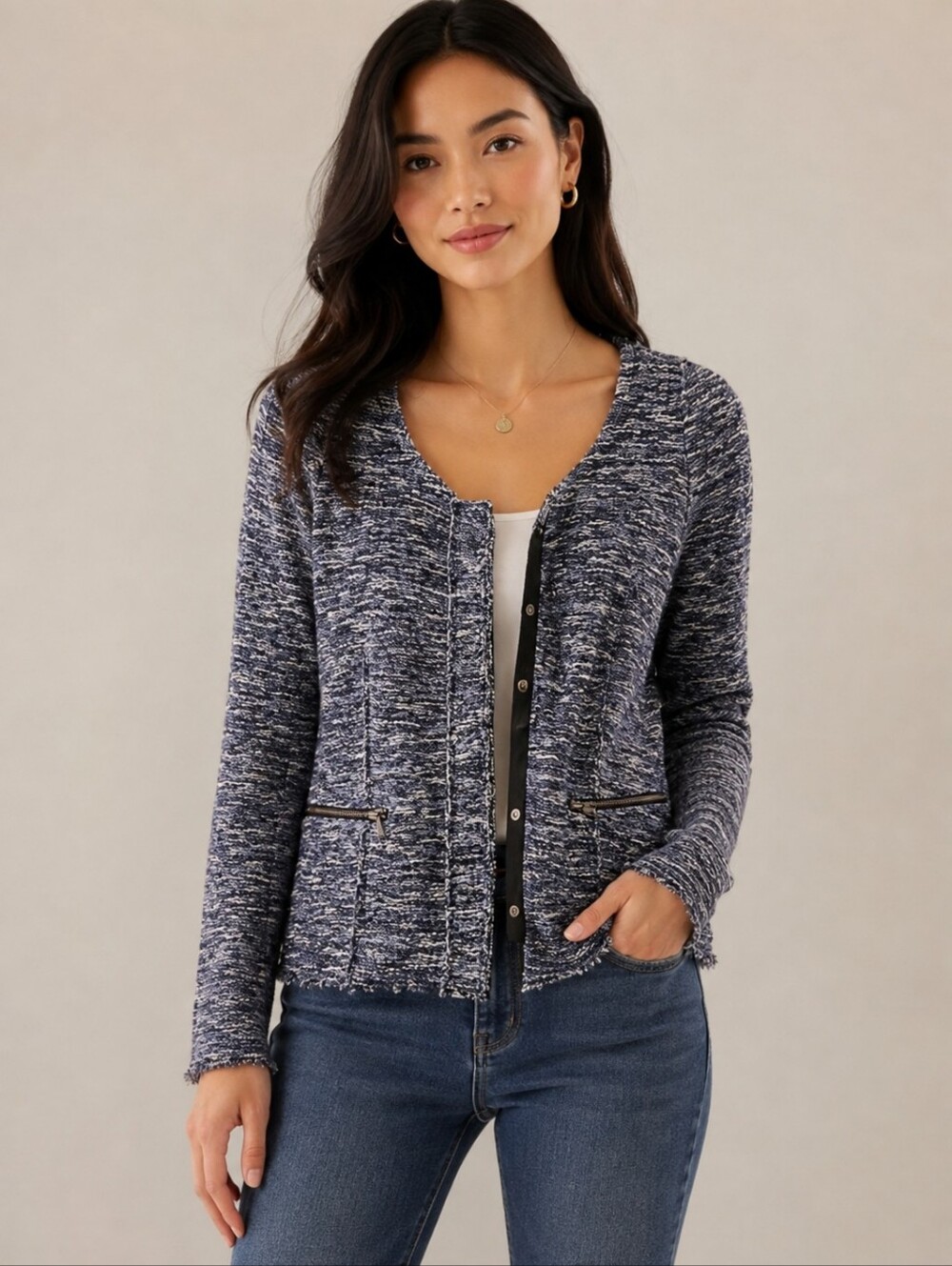 ❤️ DREW SNAP FRONT TWEED FRINGE HEM V-NECK SWEATER CARDIGAN, SMALL